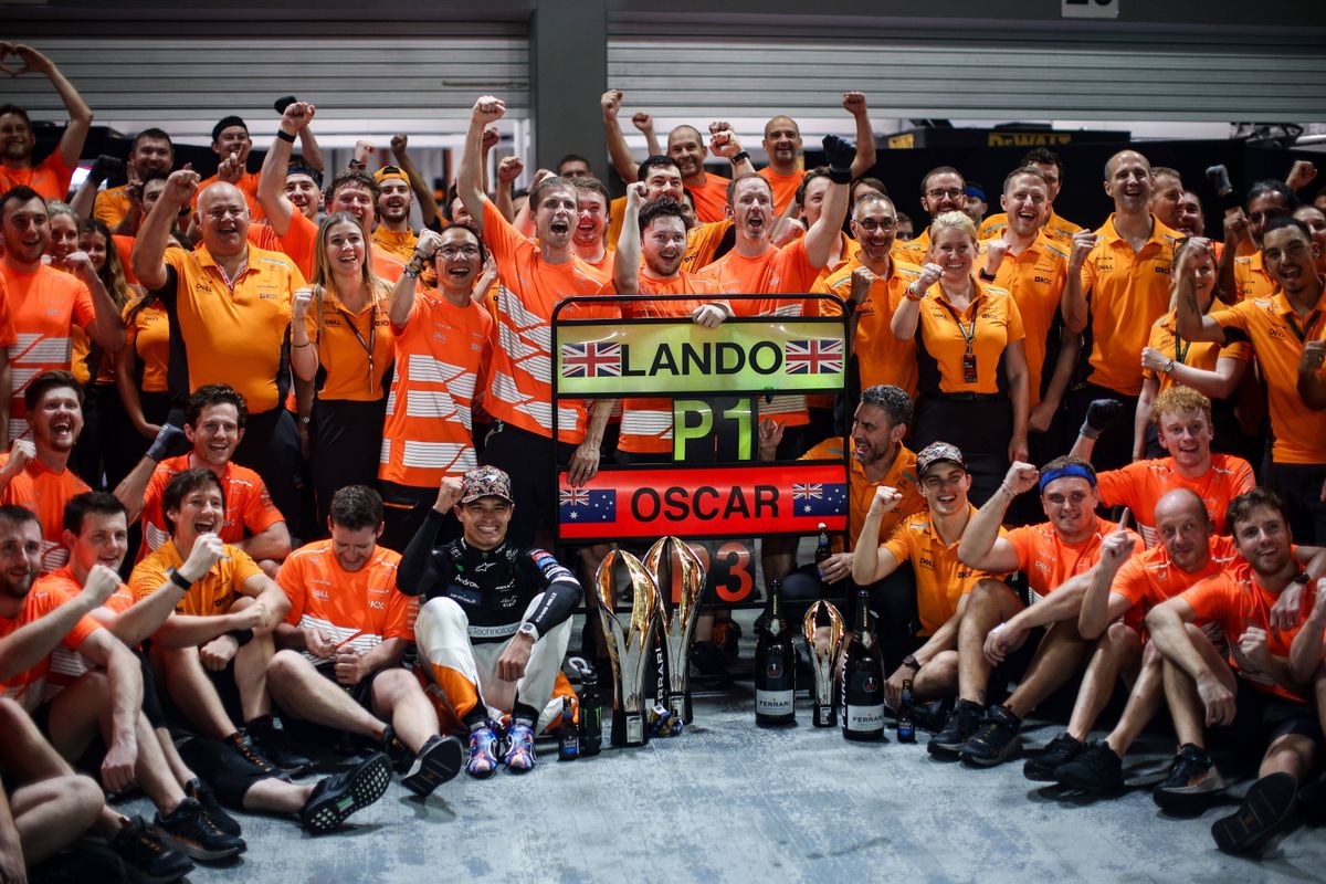 F1 Grand Prix Of Singapore McLaren F1 Team celebrates the victory of Lando Norris and the podium finish of Oscar Piastri