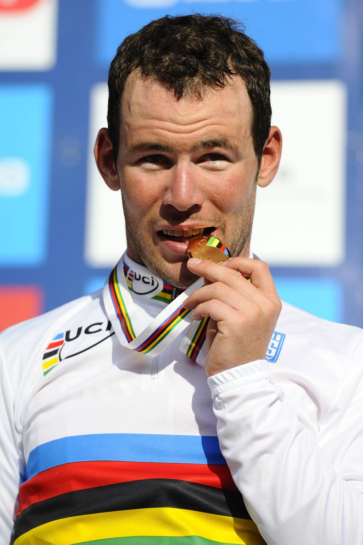 COPENHAGEN DENMARK British Mark Cavendish pictured with the gold medal on the podium of the men