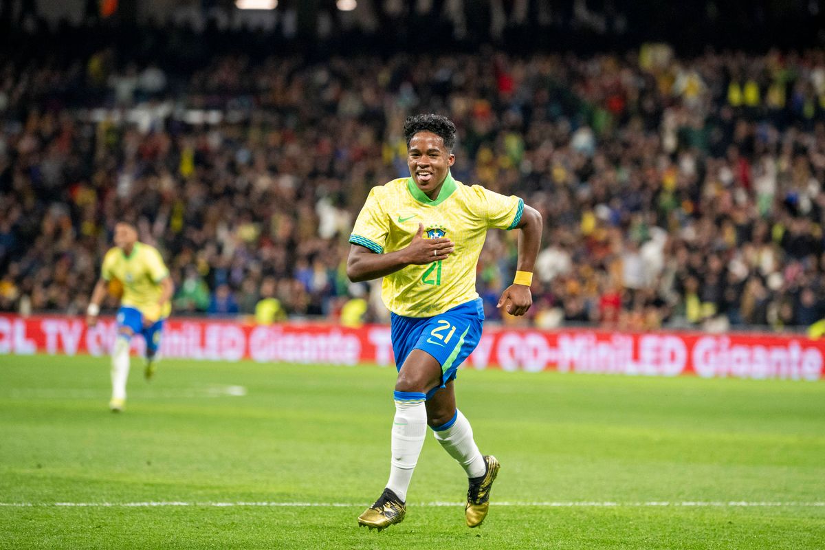 Endrick of Brazil celebrates after scoring a goal (2-2) during the game between Spain and Brazil at Estadio Bernabeu in