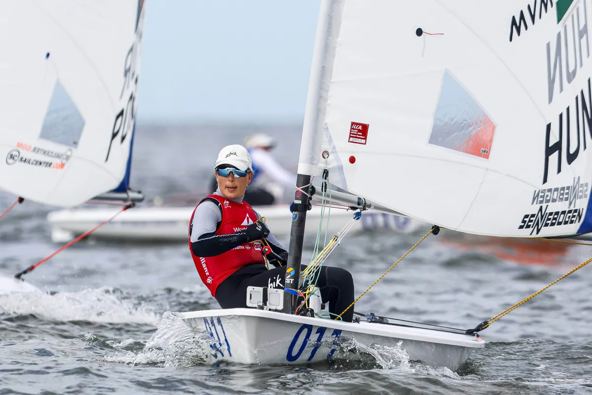 SCHEVENINGEN - Maria Erdi (Hungary) in action during the ILCA 6 medal race on the tenth day of the sailing world champio