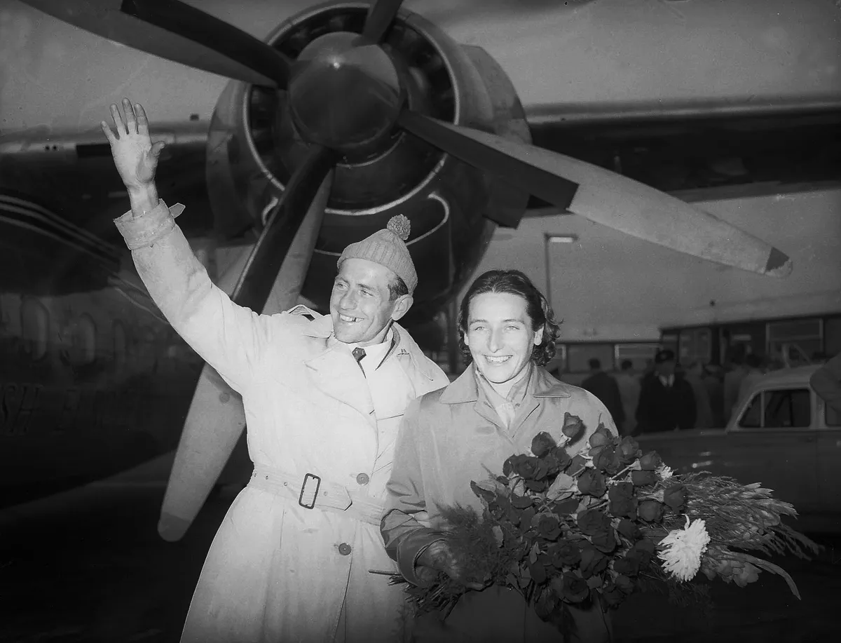 Athlete Emil Zatopek and his wife Dana at London Airport, 12th October 1955