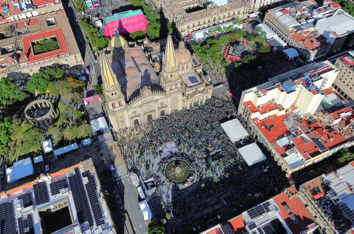 Drone view shows crowds arriving at Guadalajara Fan Fest for Mexico-South Korea World Cup match