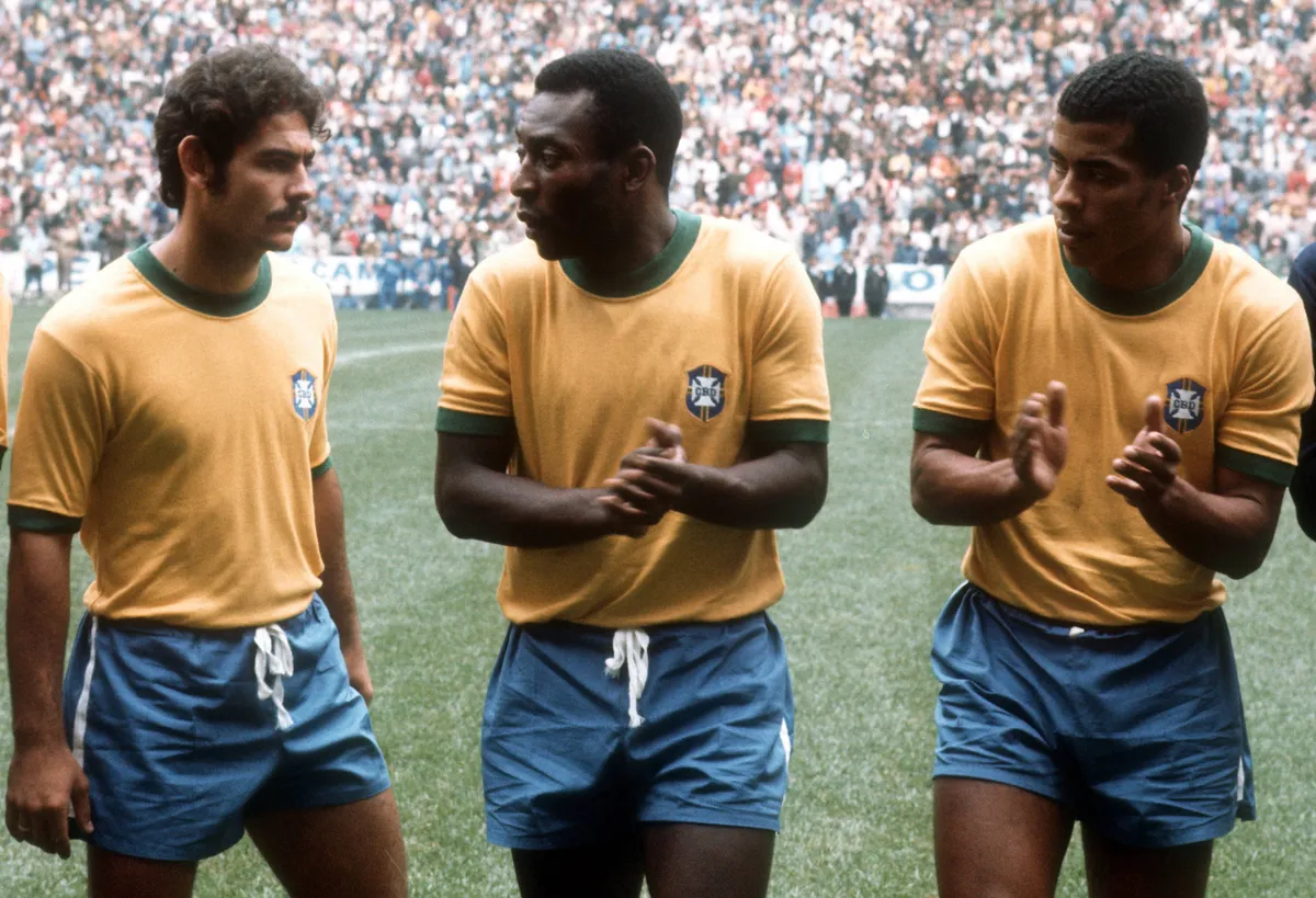 Weltmeisterschaft Finale Brasilien Italien in Mexiko Stadt v li Rivelino Pele Jairzinho all