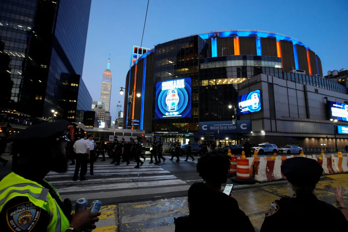 The Empire State Building lit up in Knicks colors during Game Three of the NBA Finals between the New York Knicks and San Antonio Spurs in New York City