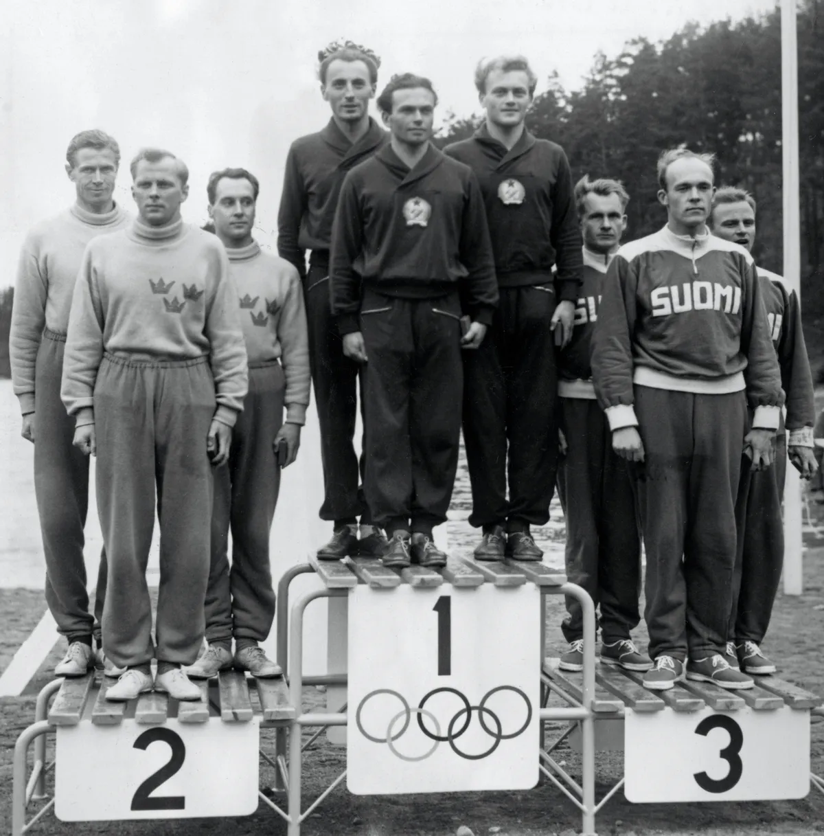 FINLAND HELSINGFORS 1952-07-25. The winning Modern pentathlon, moderner Fünfkampf teams at the 1952 Summer Olympics on t